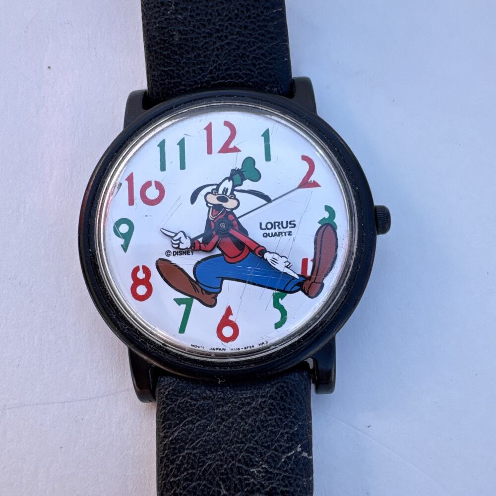 Vintage Lorus Goofy Watch Unisex 34mm Black V515-8030 Pointing Hands Untested